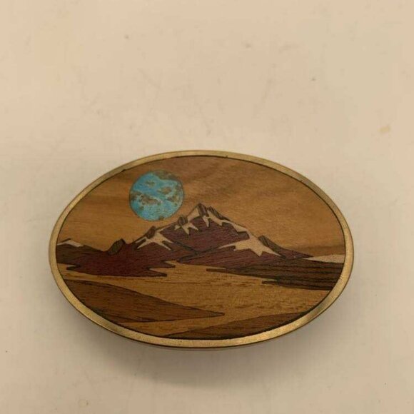 EUC Vintage Inlaid Wood Mountain Landscape Brass Belt Buckle main image 5
